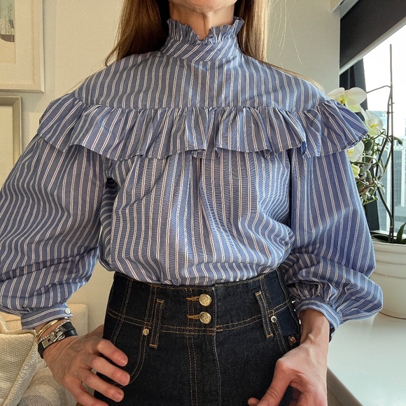 Striped Puff Sleeve 3/4 sleeve blouse - Picture 1 of 11